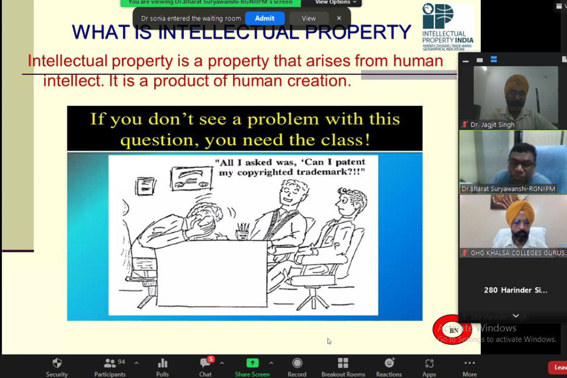 Online Workshop on Intellectual Property Rights Organized at G.H.G. Khalsa College of Education, Gurusar Sadhar Under National Intellectual Property Awareness Mission